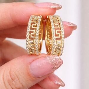 14k gold earrings hoop with pave stones on sides, greek inspired design